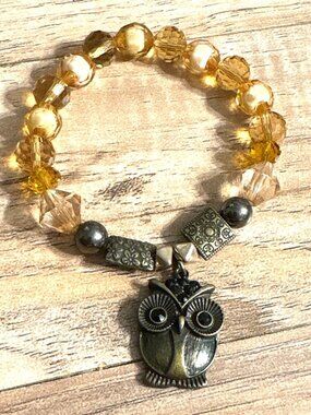 Sparkling Amber Faceted Crystal Beaded Stretch Accent Bracelet Boho Owl Charm